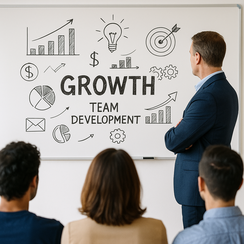 Leaders reviewing commercial growth strategy on whiteboard