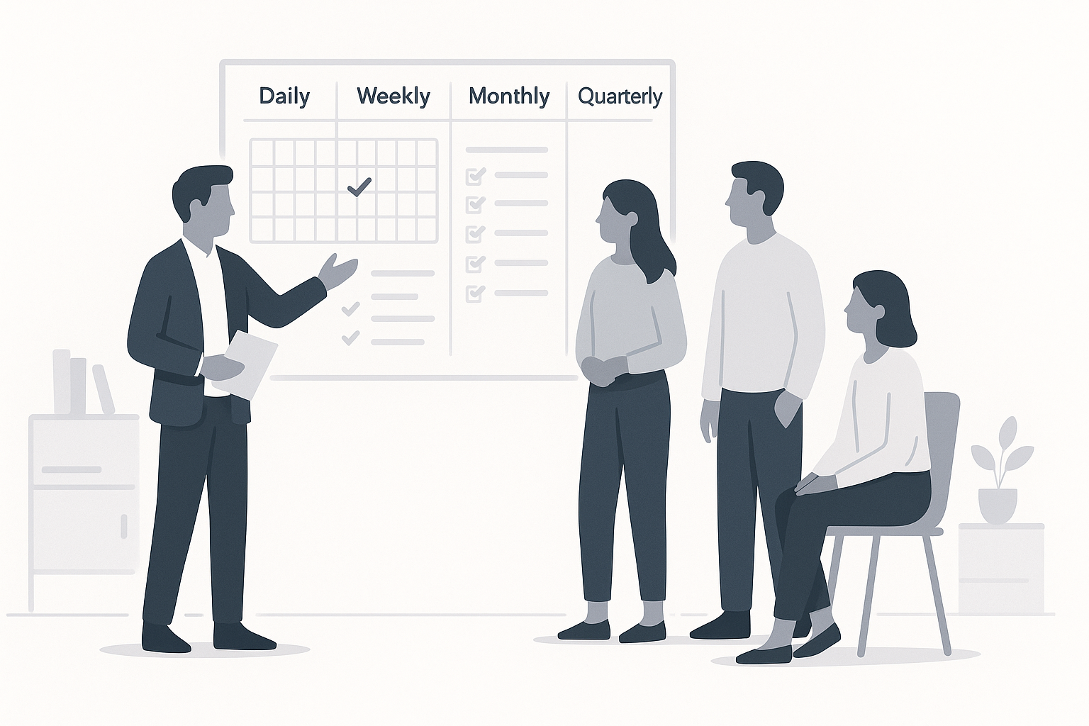 Simple cadence diagram showing daily, weekly, monthly and quarterly touchpoints